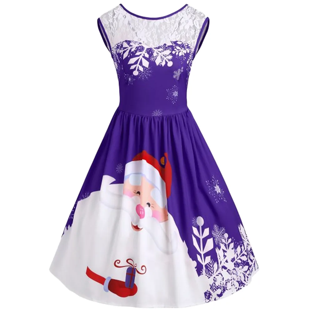

JAYCOSIN Fashion Women O-Neck Merry Christmas Lace Insert Santa Claus Print Party Dress Lace Straight Princess Dress hot May 20