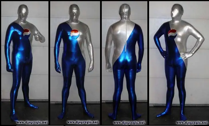 

Free Shipping Blue and Silver Shiny Metallic Pepsi Man Superhero Costume Cosplay Zentai Halloween Party Costume