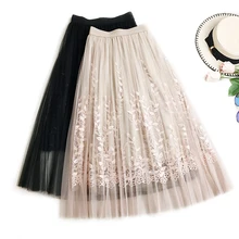 Модные женские туфли гофрированный с сеткой юбкой лето-осень Высокая Талия винтажный, вышитый, с цветочным узором, юбка элегантная женская кружевная длинная юбка SF978