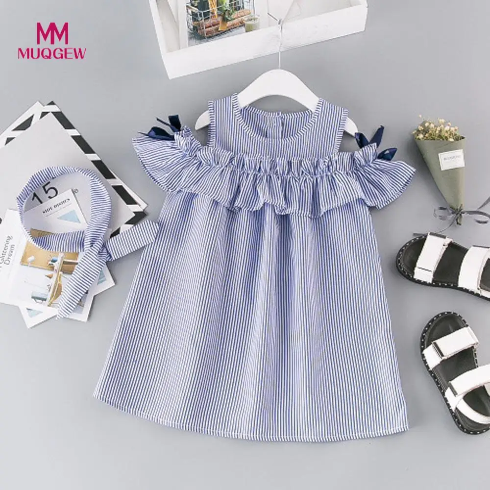 

New arrival fashion children summer dress Girl Outfit Clothes Strapless Stripe Dress+Headband Set vestido das meninas robe de