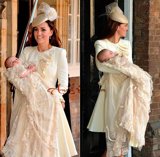 Best price at $108 Cheap 2016 champagne Famous Prince George Christening Dresses with Tiered Champagne Lace Long Sleeves Unique Baby Christening Gowns