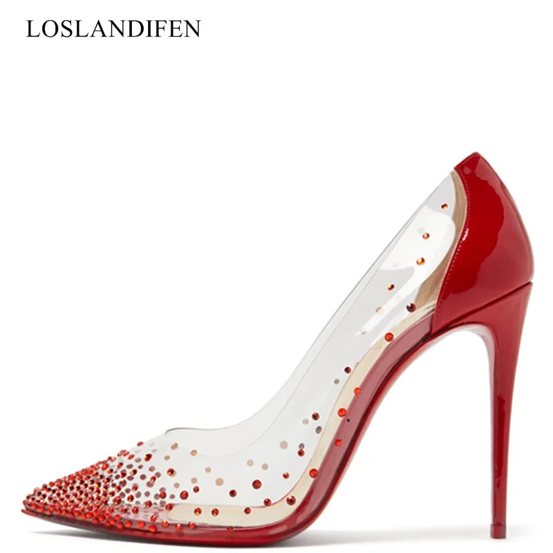 New brand crystal stiletto pumps patchwork clear PVC high