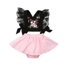 Коллекция года, модные детские комплекты одежды для маленьких девочек кружевные рукава с цветочной вышивкой, укороченные топы+ юбки, шорты комплекты из 2 предметов для маленьких девочек От 1 до 4 лет