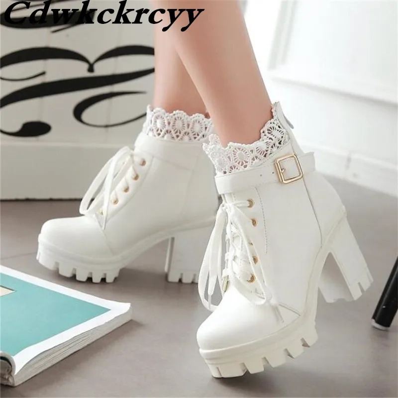 

Europe and America Rome Frenulum Martin boots Thick bottom Waterproof High-heeled Short boots lesbian winter Women Boots 34-43