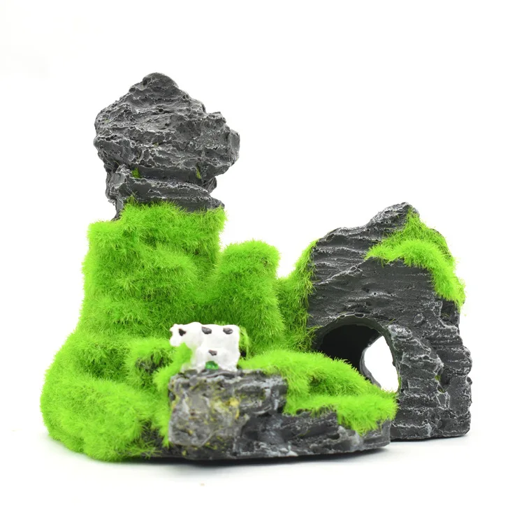Flone Artificial Plant Resin Aquarium Landscape Decor Fish Shrimp Nest Moss Rock Mountain Dodge House Flocking Moss Rockery  (3)