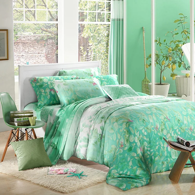 Mint Green Leaf Print Bedding Sets Luxury Queen King Size Silk
