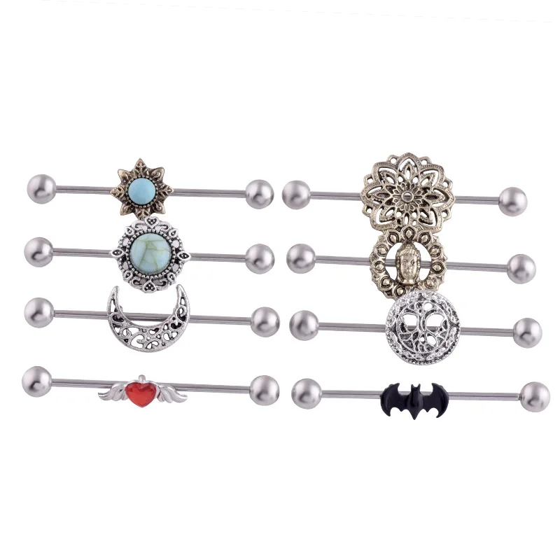 

1PC Steel Industrial Barbell Earrings Piercing Heart Key Screw Mon Sun Long Bar Cartilage Piercing Ear Helix Tragus Body Jewery