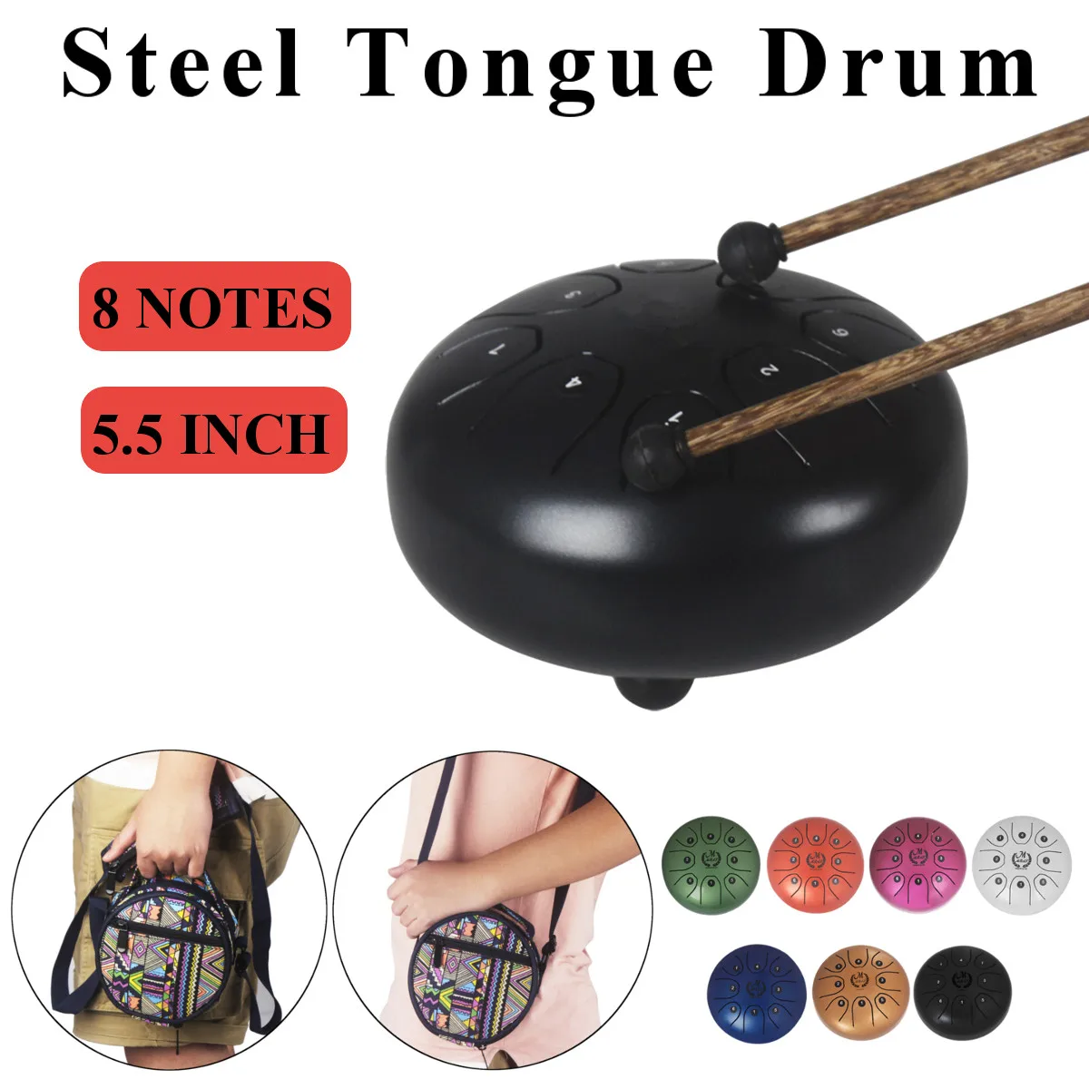 

5.5''/14cm 8 Notes Steel Tongue Drum Handpan Hand Tank Drum Drumstick + Storage Bag for children instrument Gift