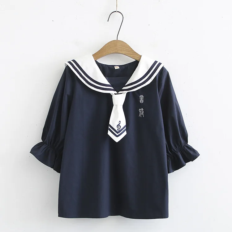 Blusas mulher elegantes блузки женские Мори девушки Лето японский стиль кавайная морская воротник темно-синий белый буквы рубашка