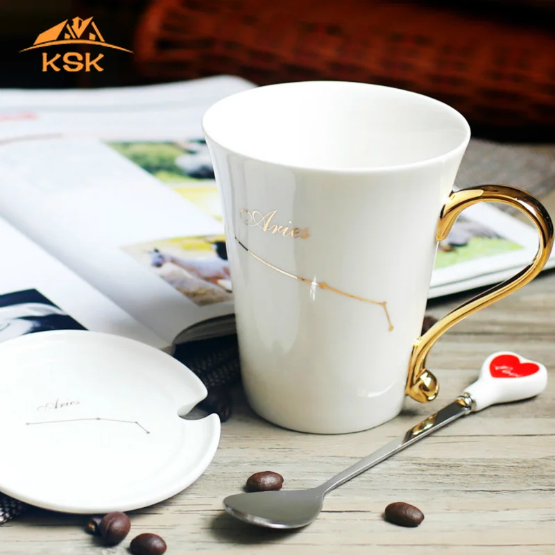 12 созвездий креативные керамические кружки с крышкой ложки белый и золотой