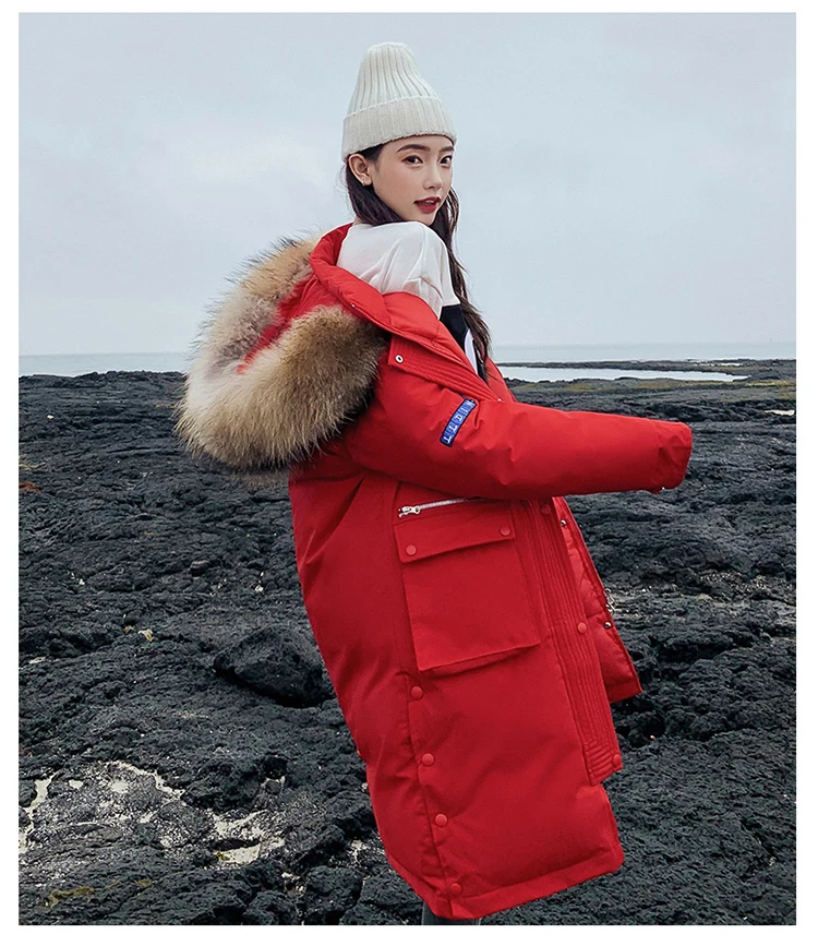 Новинка года, зимнее женское Свободное пальто с большим меховым капюшоном и большим карманом на молнии, красные плотные теплые парки, удлиненные приталенные пальто для девочек, куртки
