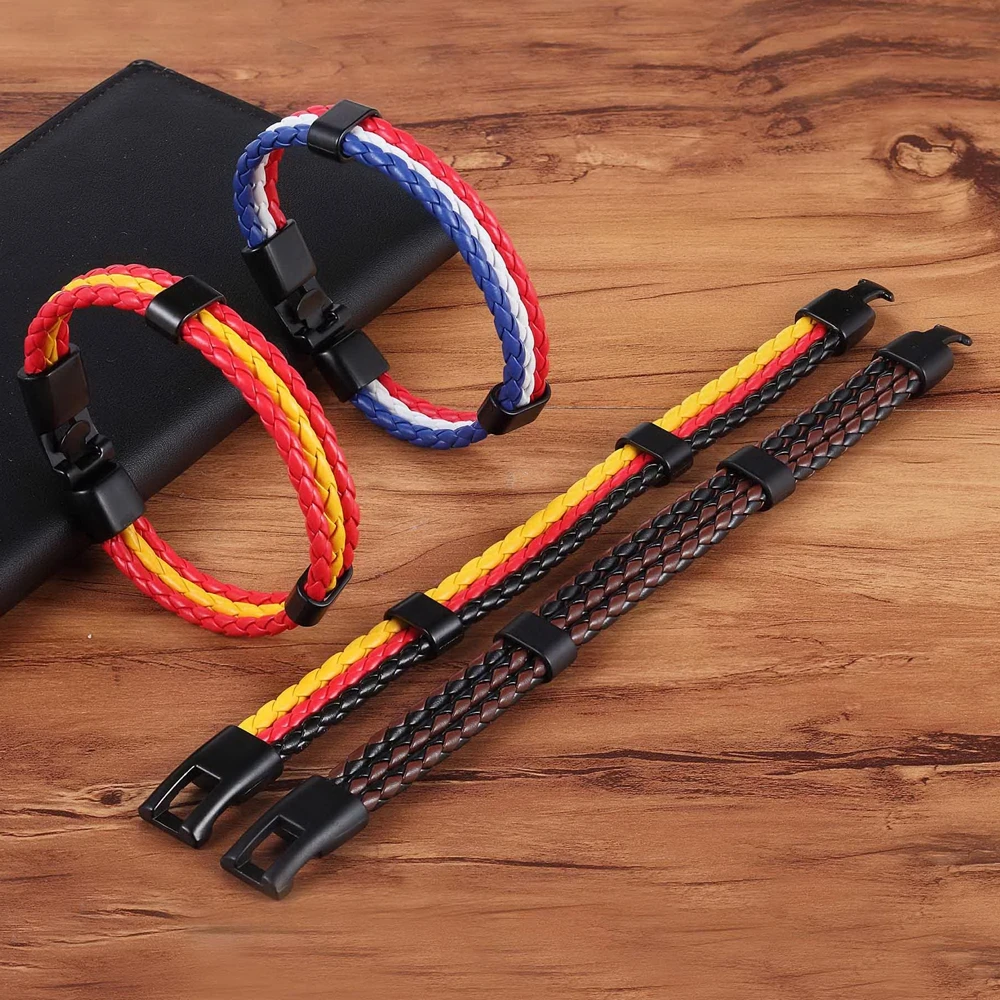 Bracelet Jewelry Stainless Steel Men Women National Flag PU Leather Handmade