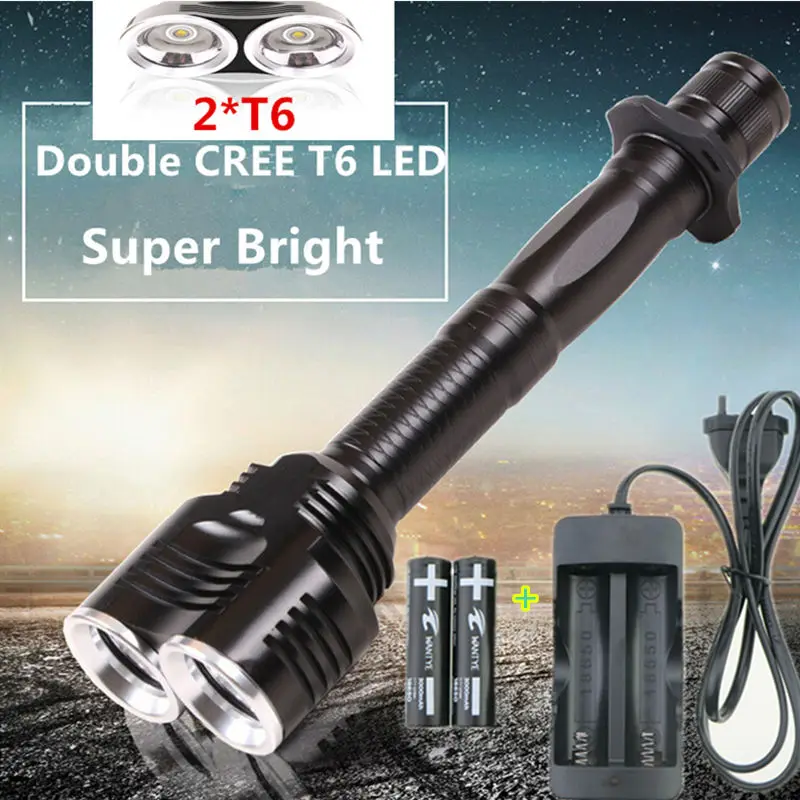 

NEW Waterproof 4000lumen 2 x CREE XML T6 LED Flashlight Torch Tactical 5 Mode 2T6 Flashlamp lighting + 18650 Battery+Charger