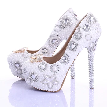 

2018 New Style Spring Handmade Ultra High Heel Bridal Dress Shoese Bowtie Rhinestone Wedding Shoes White Pearl Genuine Leather