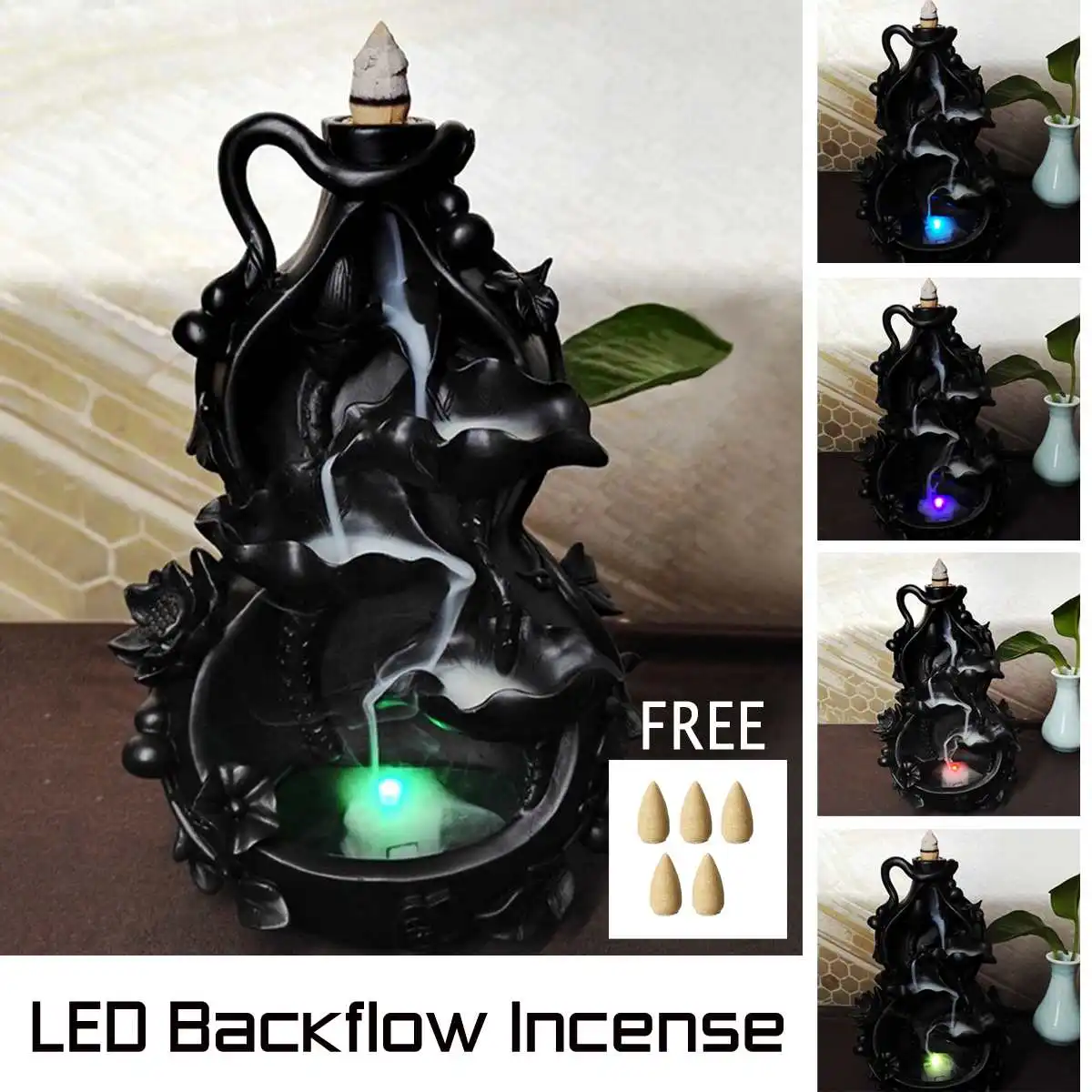 

LED Ceramic Backflow Waterfall Smoke Incense Burner Censer Holder Home Office Teahouse Meditation Decor w/Free 5xIncense Cones