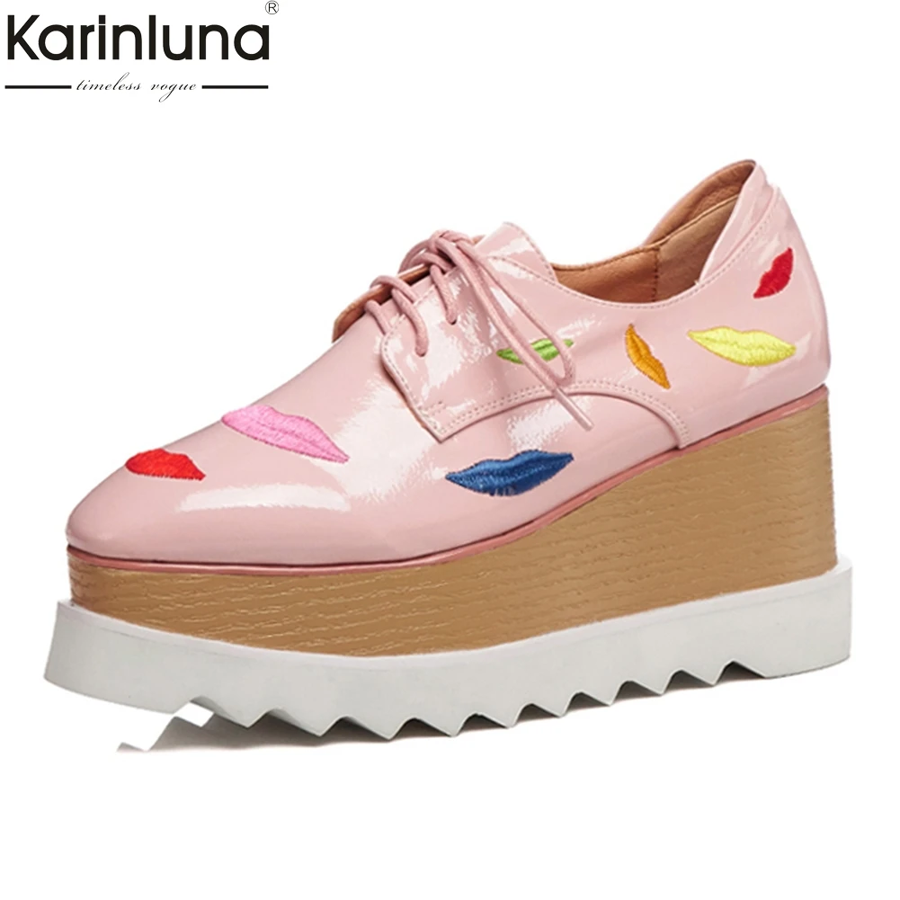 

big size 33-42 genuine cow leather lips flats woman shoes flat platform lace up square toe shoes woman flats women shoes