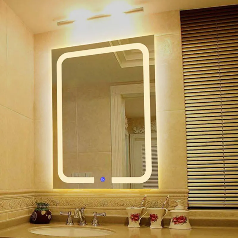 

vertical Warm light Led Backlit Bathroom Mirror Square Wall Mount Bathroom Finger Touch Light Mirror Bath Mirrors