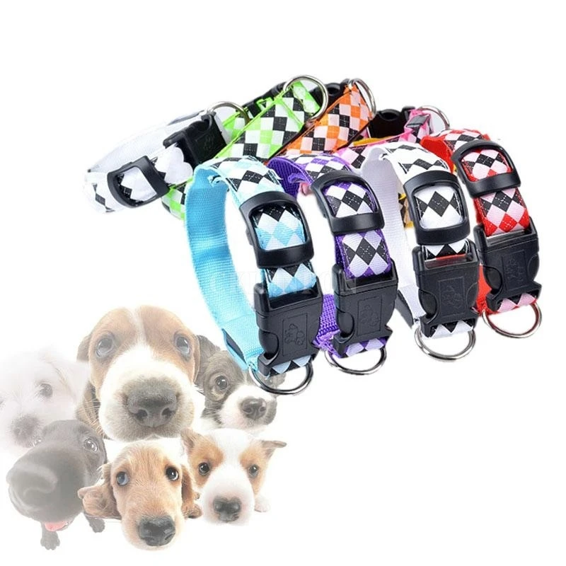 

DHL 200PCS Rhombus Pattern Dog-Collar LED Lights Glow Polyester Fiber Pet Collar For Pitbull Pet Supplies Pet