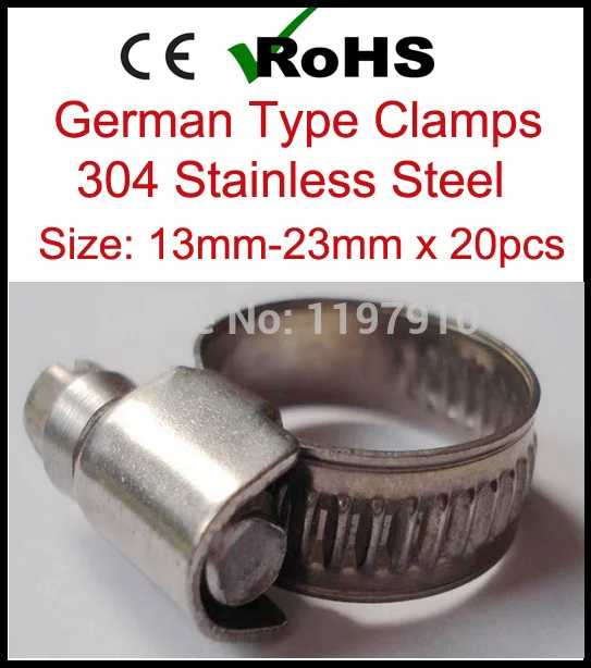 

13mm-23mm x 20pcs Top Quality German Style 304 Stainless Steel Hose Clamp SS Fastener Pipe Clip 9mm Band Width Tube Clips
