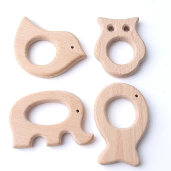 

4pcs Hand crafted beech wood cute animals wooden teethers elephant fish bird owl wooden pendant for DIY jewelry making teether