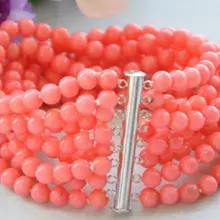 В режиме реального 8row 7," 5 мм круглый розовая Коралловая бусина магнитный браслет AAAA