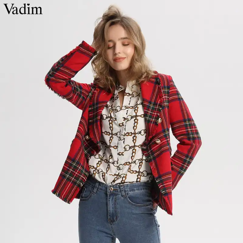 Plaid Notched Collar Tweed Blazer Single Breasted Pockets Tassel Chic Tops Plaid Notched Collar Tweed Blazer Single Breasted Pockets Tassel Chic Tops