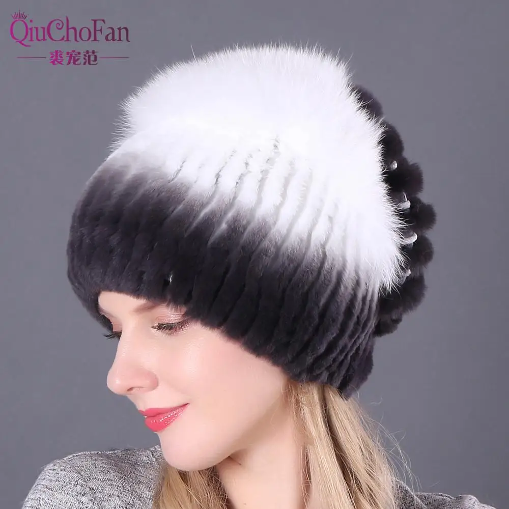 

Real Rex Rabbit Fur With Fox Fur Knitted Beanies Women Winter Hats Casual Female Caps Warm Natural Fur Lady Hat