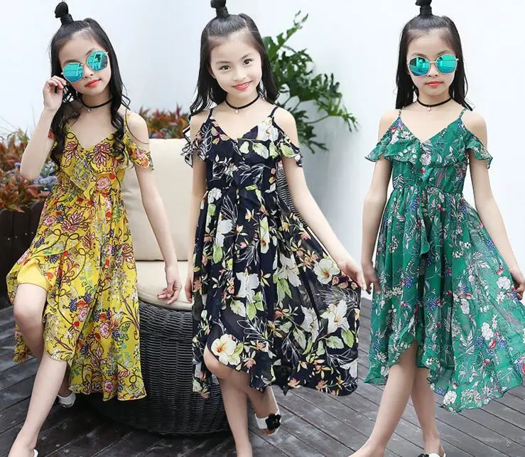 Пляжное платье для девочек детские летние шифоновые Повседневные богемные длинные платья с v-образным вырезом и цветочным принтом