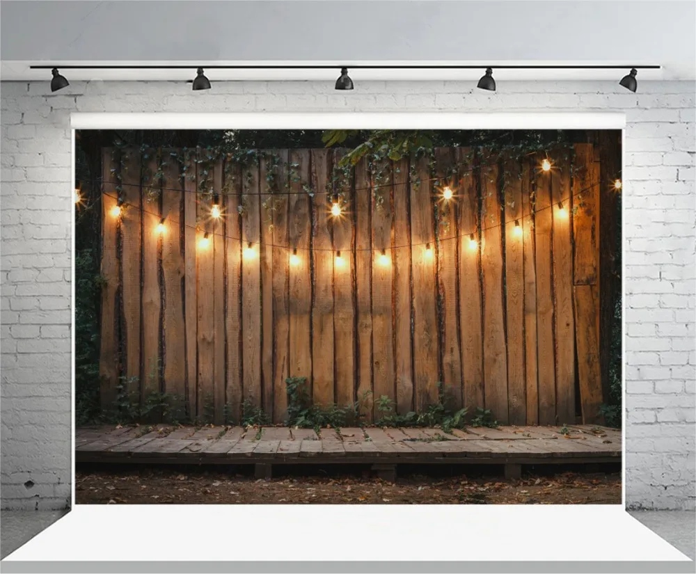 

Laeacco Bright Lamps Night Wood Planks Garden Stage Photography Backdrops Vinyl Customs Photography Backgrounds For Photo Studio