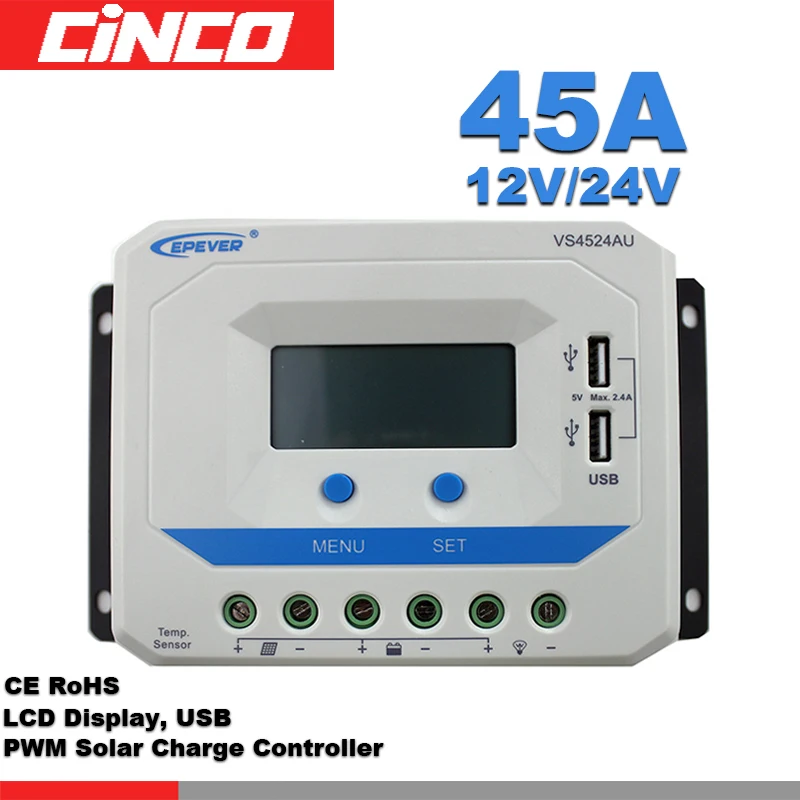 VS4524AU 45A 12В/24В epever Солнечный контроллер ЖК-дисплей 5VDC выход USB для зарядки