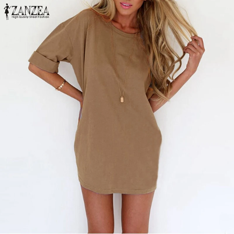 ZANZEA 2016 Summer Style Fashion Women Casual Loose Dress Sexy Ladies Short Sleeve Solid Color Mini Dresses Vestidos Plus Size
