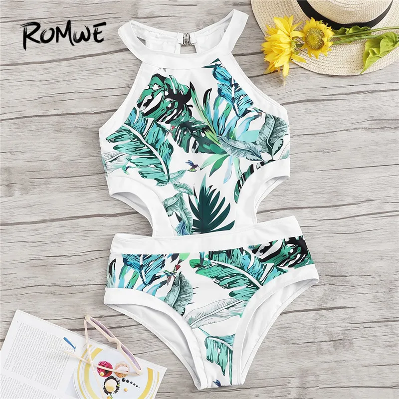 

Romwe Sport Jungle Leaf Monokinis Bathing Suits Cut-out Side One Piece Beachwear Swimsuit Women Summer Sexy Halter Top Swimwear