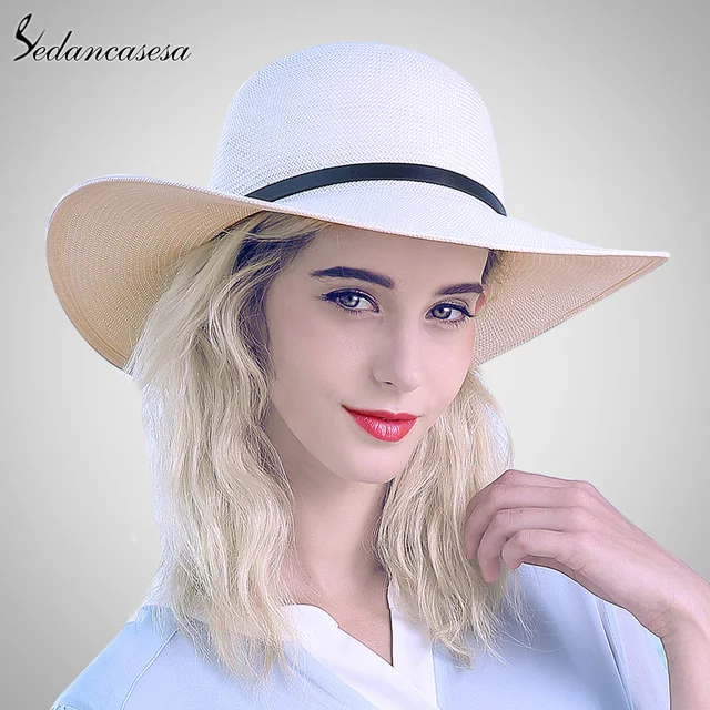 Sedancasesa white sun hats for women panama straw hat summer Large brim floppy beach hat wide