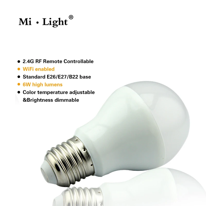 Mi Light 2 4G AC86 260V E27 6W Wifi двойной белый CCT Светодиодная лампа Беспроводная регулировка
