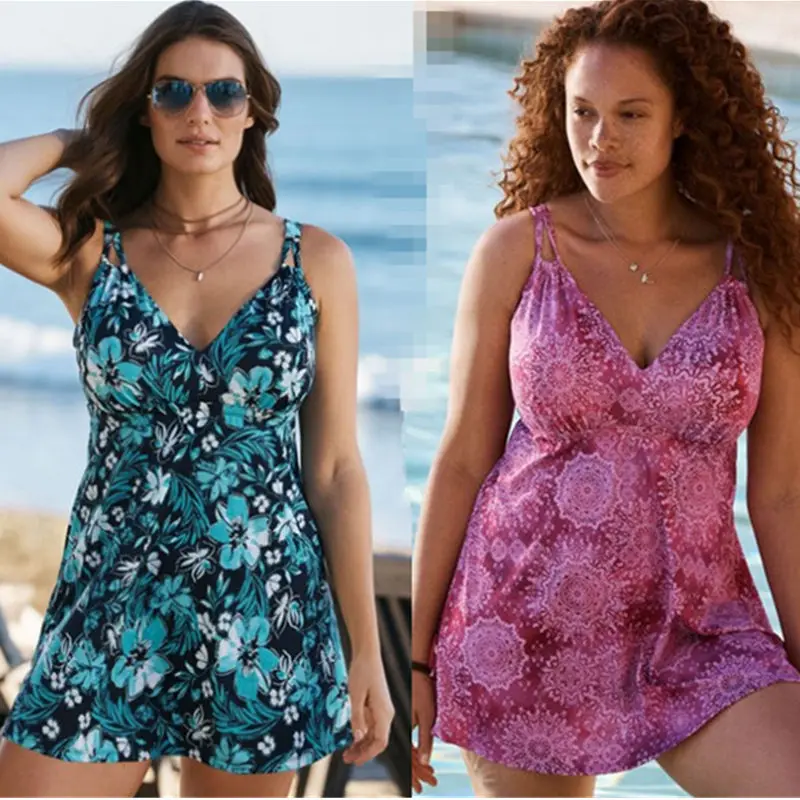 [NODELAY]2020 New Printed Swimsuit Women Plus Size Swimwear Padded Beach Bathing Suits Skirt style Conservative Tankini Sets 4XL | Спорт и