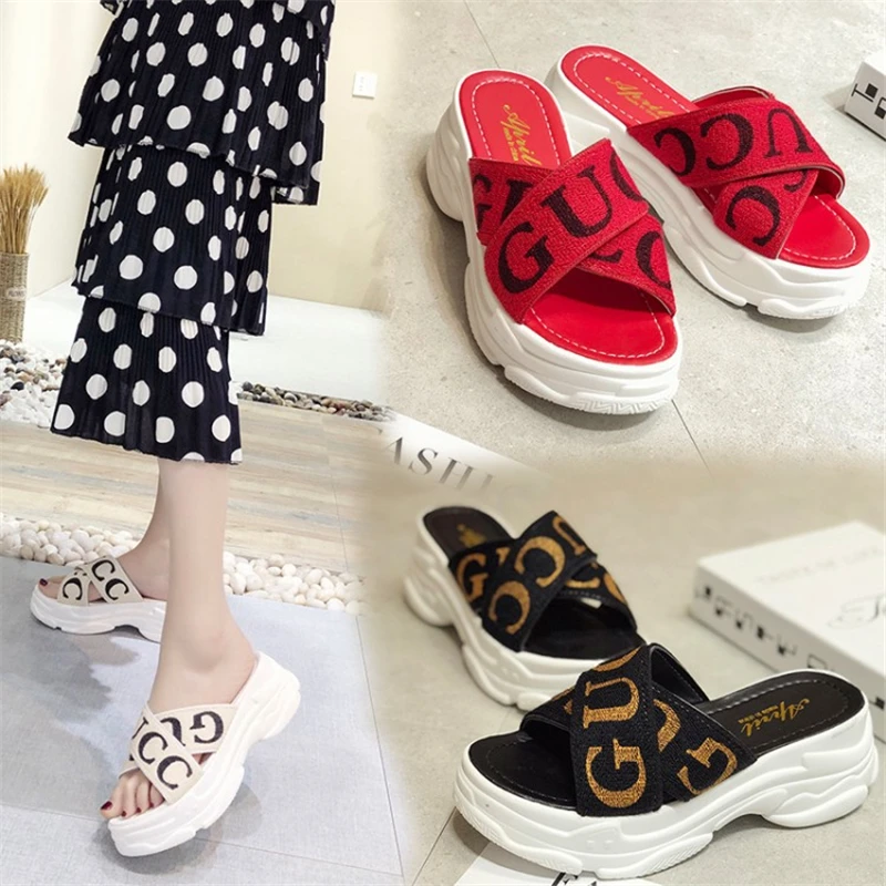 

zapatos mujer 2019 Leisure English letters outside Women slippers Fashion Summer high heels wedges platform shoes slides