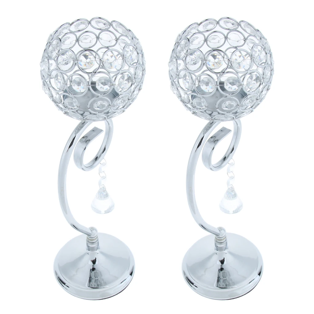 Crystal Effect Tea Light Candle Holder Globe Bowl Wedding Table Top Votive Lighting Fixtures Silver 35cm 2-set	