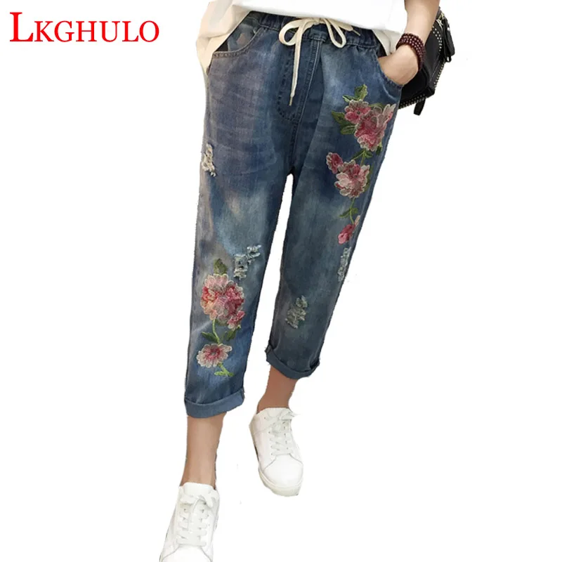Flower Embroidery Jeans Women Blue High Waist Casual Loose