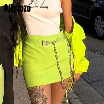 

Allyzozo Streetwear Fashion Chain Bodycon Skirts Sexy Mini Neon Green Belt Skirt Clothing