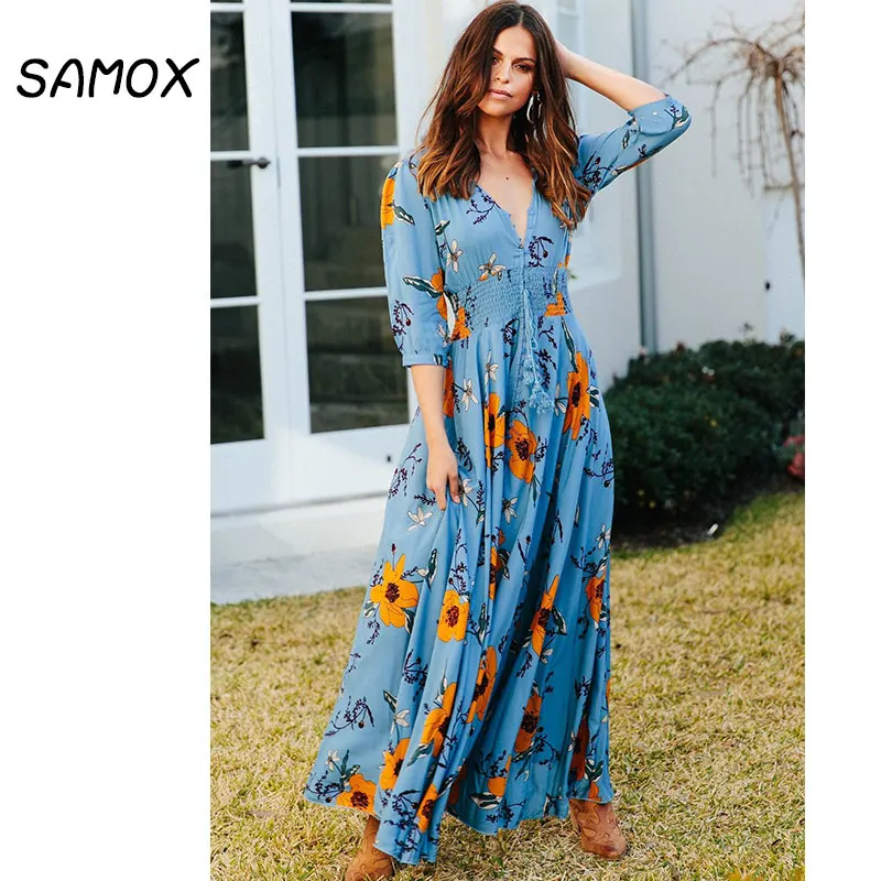 JSMY 2019 New Summer Maxi Dress Fashion Women Bohemian Style Sexy V-neck Button Seven-quarter Sleeve Big Swing Dress