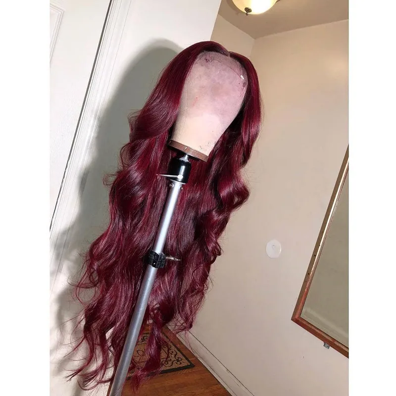 Бургундия 250 плотность кружева передние человеческие волосы парики красные человеческие волосы парик 99J свободные тела волна парик предварительно сорванные человеческие волосы парики цветные