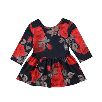 

2018 New Spring Style Infant Baby Girl Floral Long Sleeve Dress Party Pageant Prom Ball Gown Dress Black Dress Girl Clothes 0-2T