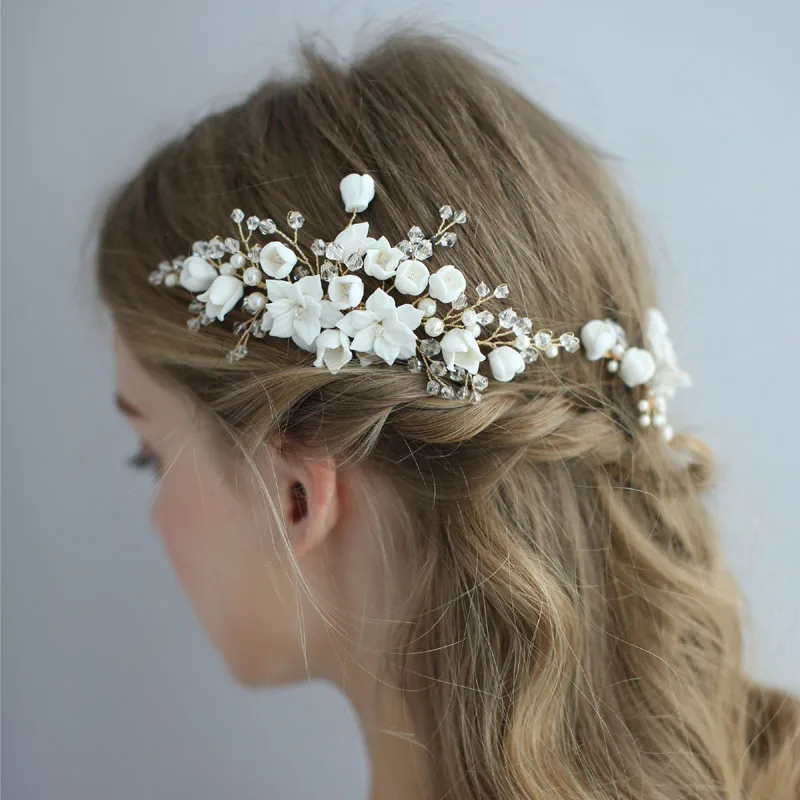 

SLBRIDAL Handmade Wired Alloy Crystal Rhinestone Pearls Flower Wedding Hair Comb Pin Set Bridal Hair accessories Women Jewelry