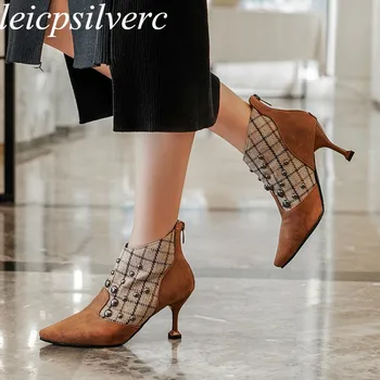 

Women Boots Autumn Winter High Heel Mixed Colors Pointed Toe Zipper Ankle Rivet Chelsea Shoes 2019 Sexy New Fashion Casual Black