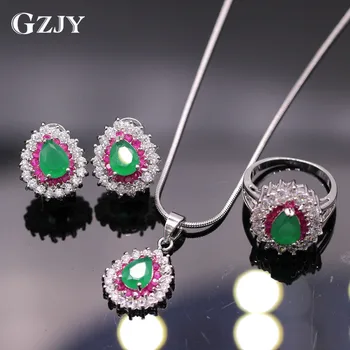 

GZJY Fashion Women Jewelry Red&Green Zircon Water Drop Pendant Necklace Earring Ring White Gold Color Set For Women Party Gift