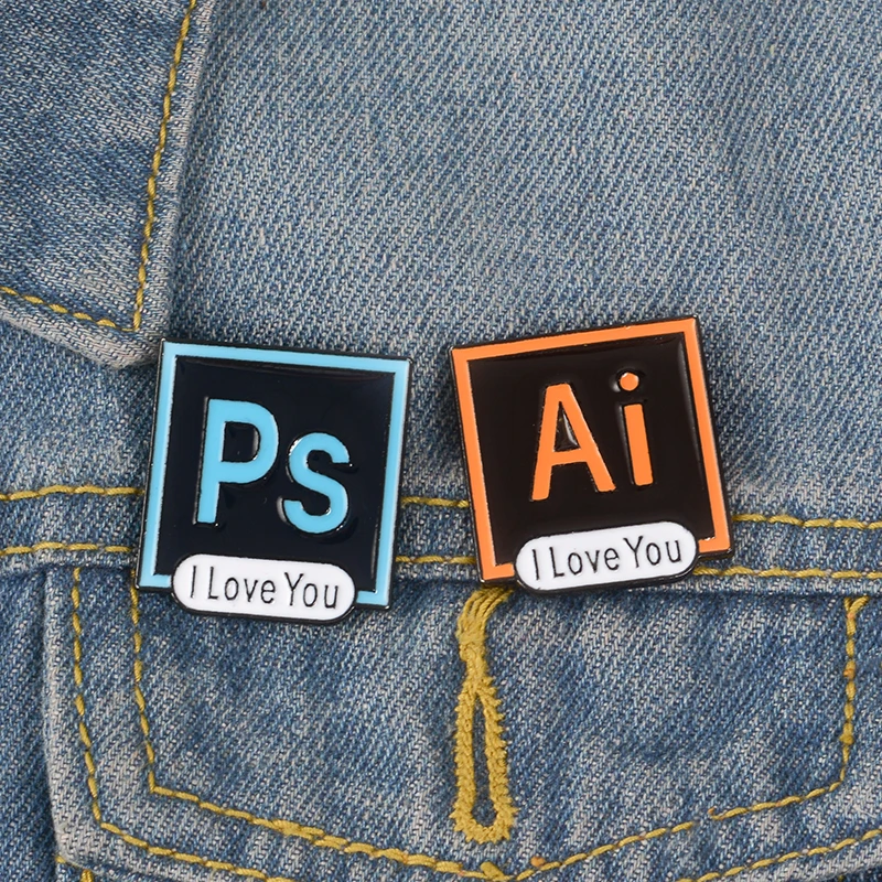 Square Photoshop Pins I Love You Badge Toolbar WASD key Lapel Pin AI PS AU PR Enamel Pins Brooches for Designers Artists Jewelry