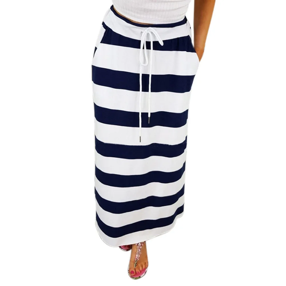 

Womens Fashion Skirts Casual Holiday Stripe Hight Waist Elastic Waist Bandage Lace Up Maxi Long Skirt Femme Skirt Plus Size