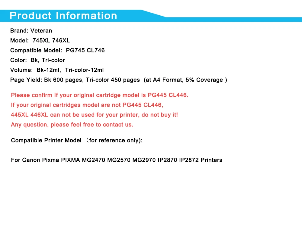 Ветеран PG 745 CL 746 Замена для чернильного картриджа canon XL принтера Pixma MG2470 MG2570 MG2970