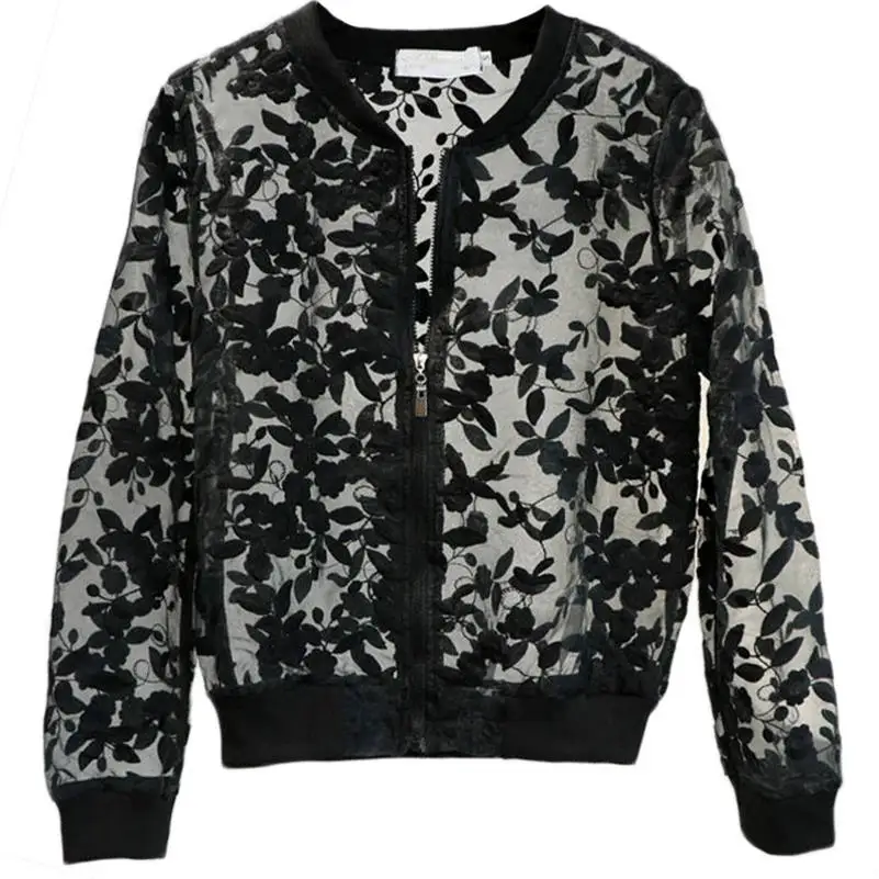 lace embroidery jacket large size women's organza coat hollow Tops-in ...