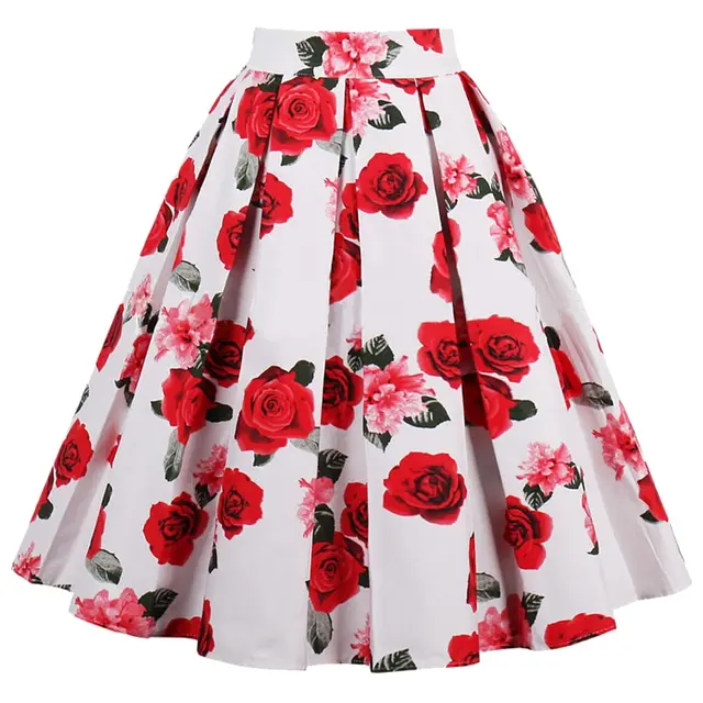 SHUJIN Women Summer 2018 Casual High Waist Retro Print Floral Skirts Vintage Elegant Pleated A-Line Midi Women Sweater Skirt 1